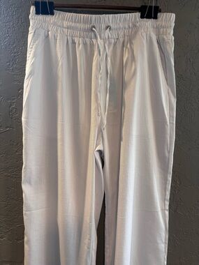 Setaro White Linen Blend Drawstring Pants XL Wide Leg Casual